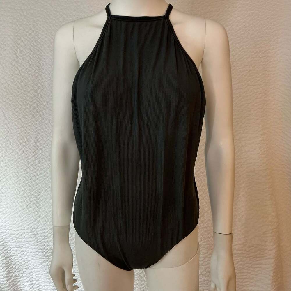 Athleta Aqualuxe One Piece Swimsuit Size XS Black Ribbed Halter
